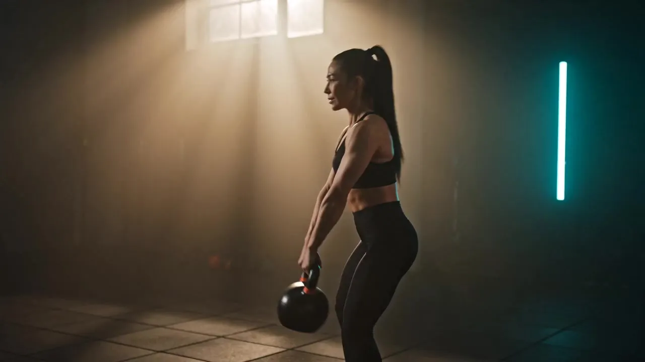 Athletin beim Kettlebell-Training in einem stimmungsvoll beleuchteten Studio