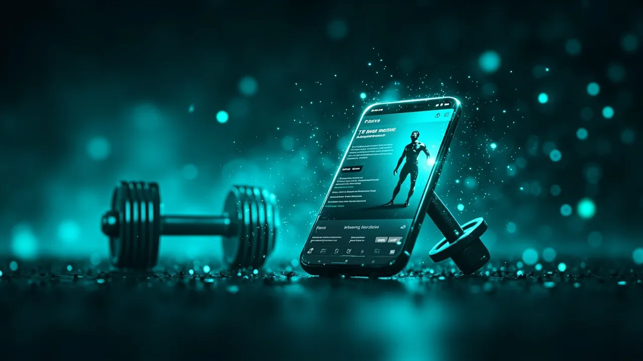 Symbolbild: ein helles Fitnessstudio mit Geräten, im Vordergrund ein Smartphone, das die mobile Website des Studios mit Kursplan zeigt